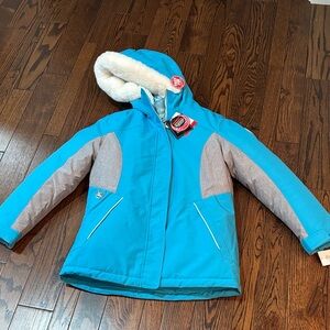 NEW Children's Blue and Teal Puffer Jacket with Fur Hood 3 in 1 size 14/16